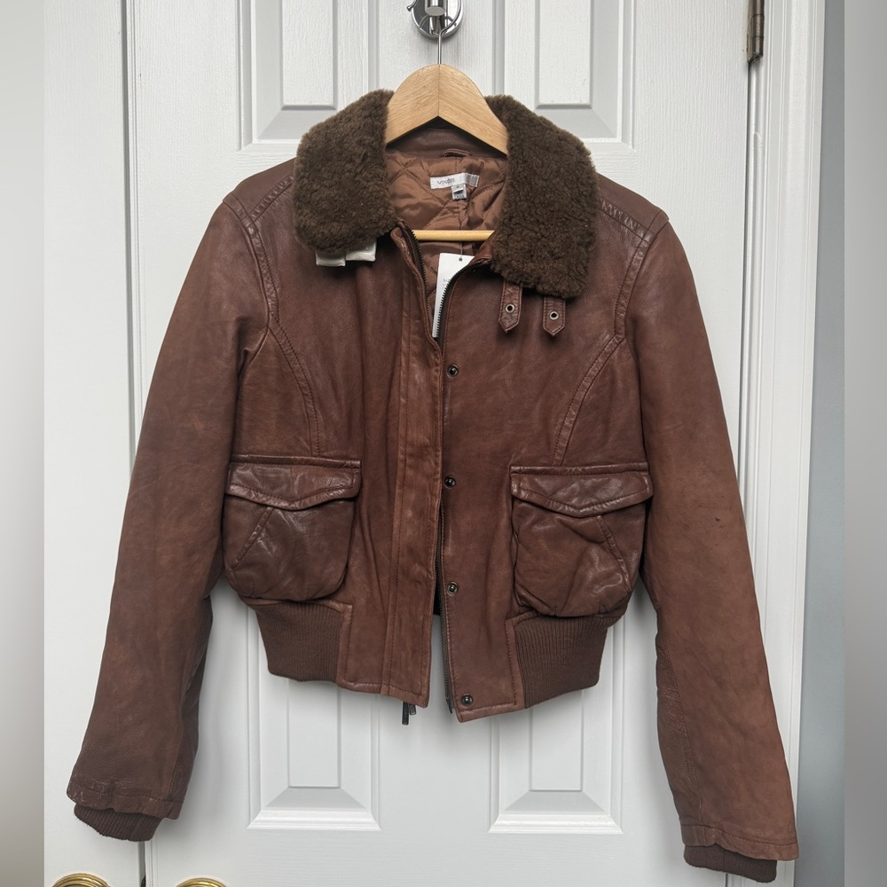 Vince NWT Brown 100% Leather Bomber Jacket with Shearling Collar